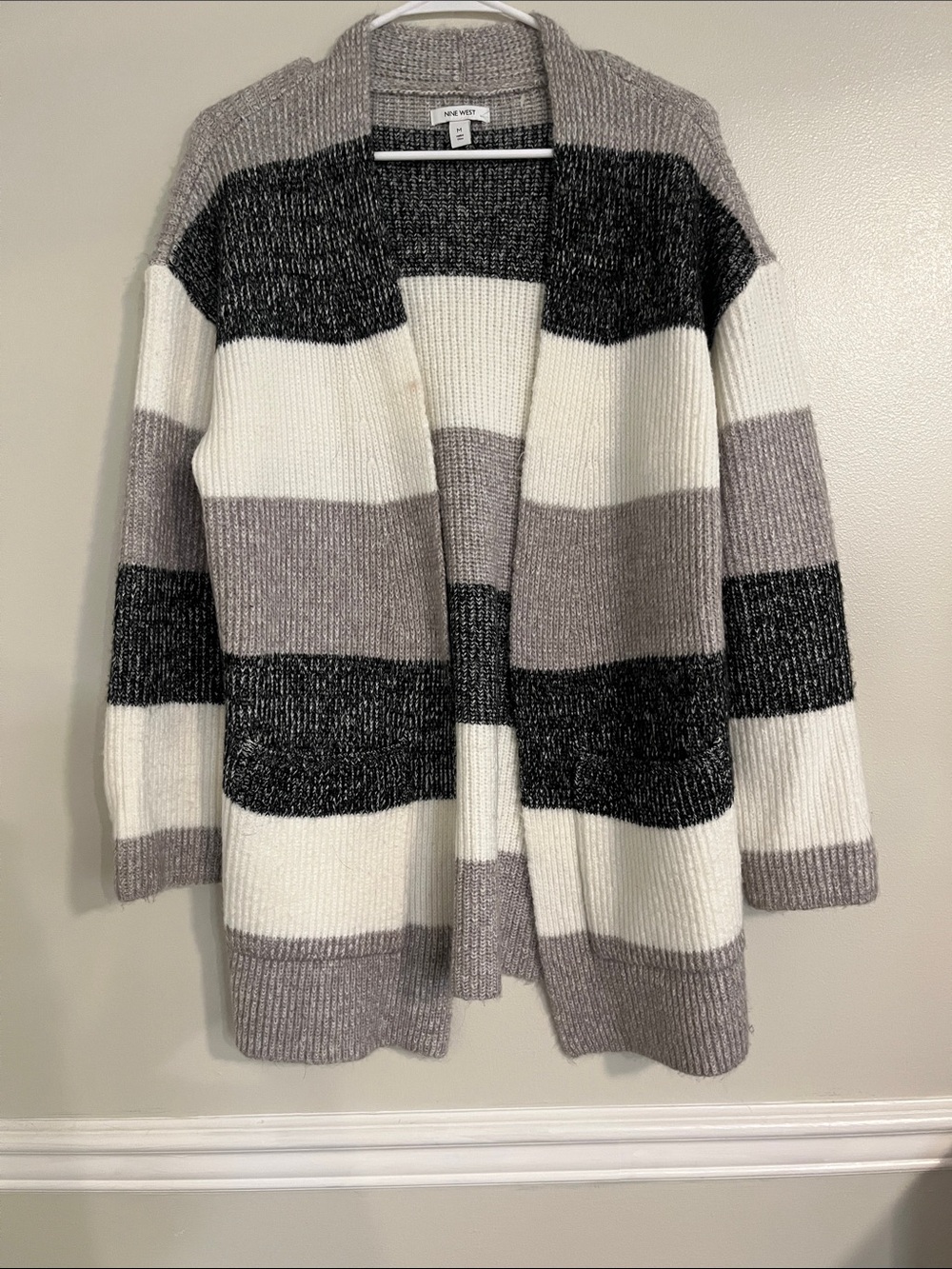 Nine West Black, Cream & Gray Striped Open-Front Cardigan